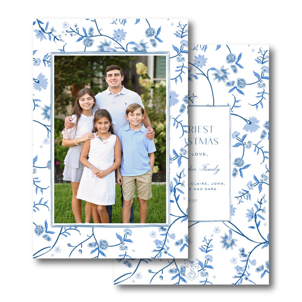 Blue Vines Floral Border - Portrait Christmas Card