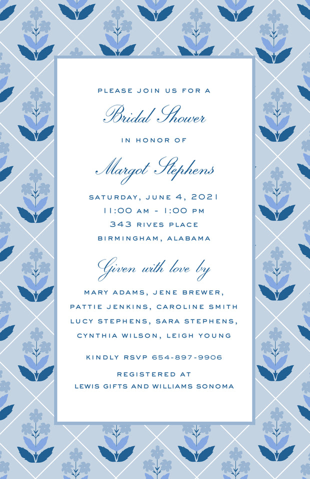 Flower Block Print Blue Invitation